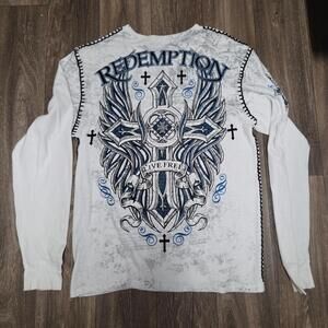 Raw State Redemption Long Sleeve Shirt XXL White Black Blue Y2K Affliction Style
